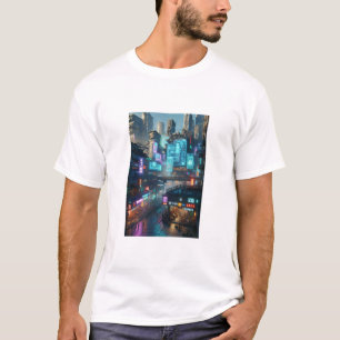 Camiseta Vibrante Neon Cyberpunk Cityscape Futurista