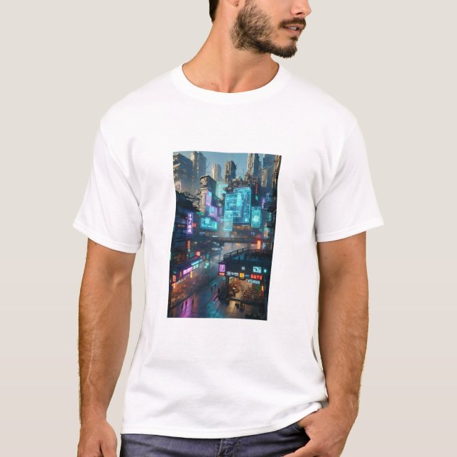 Camiseta Vibrante Neon Cyberpunk Cityscape Futurista (Anverso)