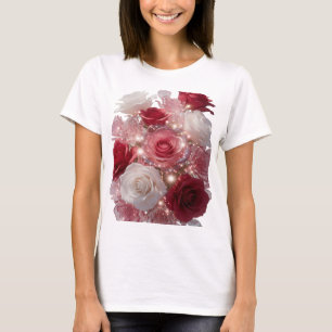 Camiseta Vibrante plata ROSAS ROJAS Y BLANCAS CON BRILLO