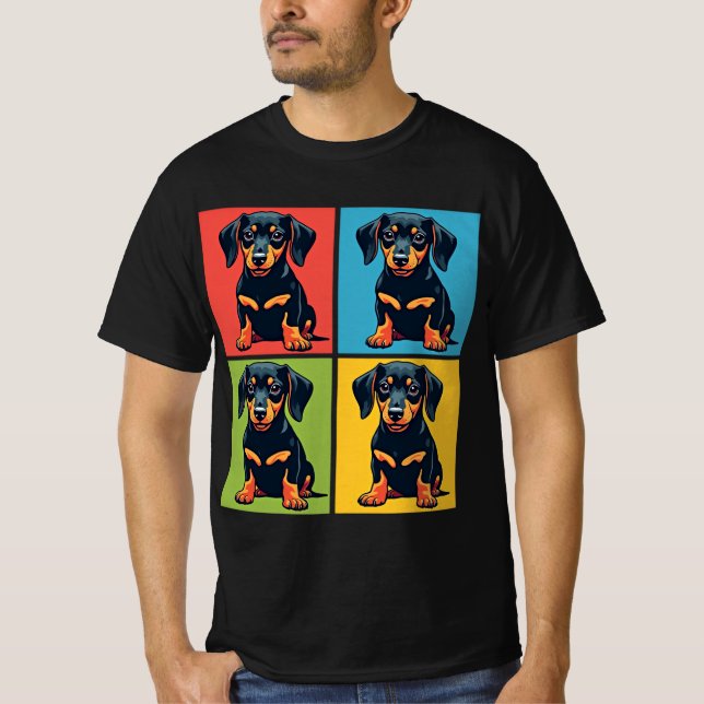 Camiseta Vibrante Pop Art Dachshund Cuadrados de Cachorros (Anverso)