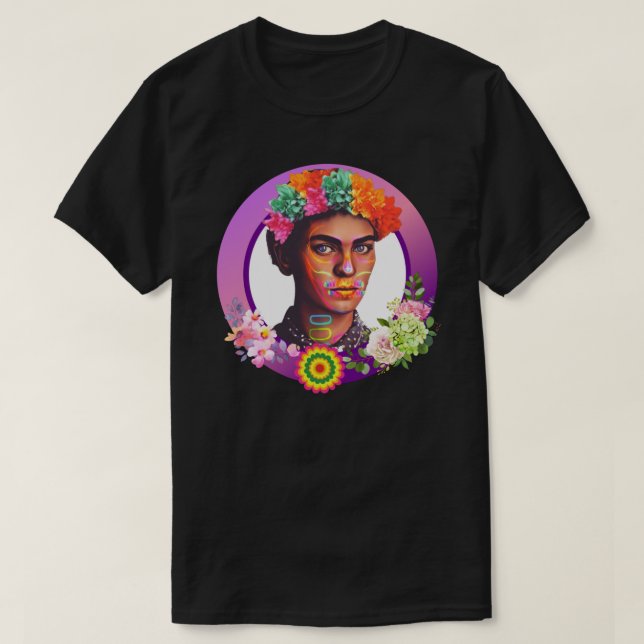 Camiseta Vibrante retrato de Frida Kahlo morado con flores (Diseño del anverso)