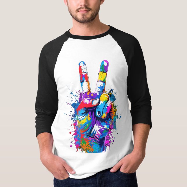 Camiseta Vibrante signo de paz colorido mano arte digital (Anverso)