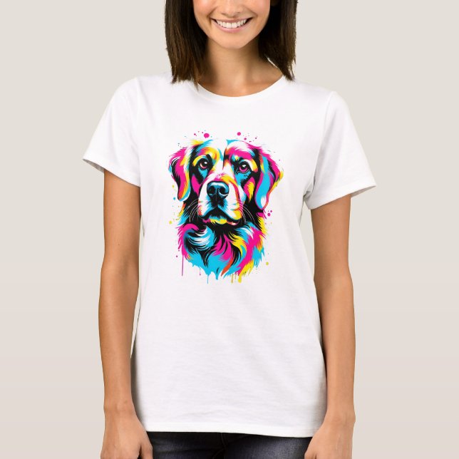 Camiseta Vibrante Tinta Splatter Dog Pop Art, Colorido (Anverso)