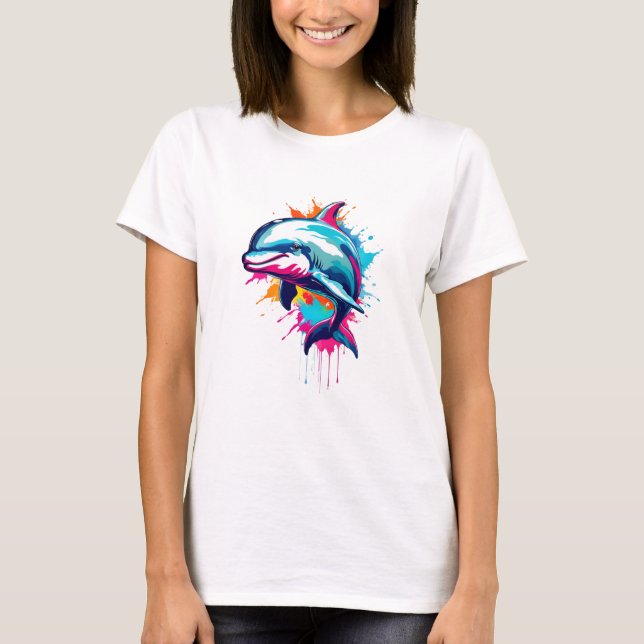 Camiseta Vibrante Tinta Splatter Dolphin Pop Art, Colorido (Anverso)