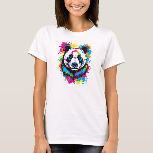 Camiseta Vibrante Tinta Splatter Panda Pop Art, Colorido (Anverso)
