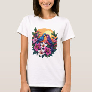 Camiseta Vibrantes aves amorosas al atardecer con flores tr