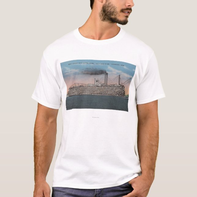 Camiseta Vicksburg, ms - vista del barco con el algodón a (Anverso)