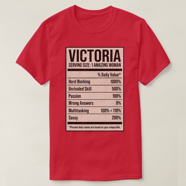 Camiseta Victoria Nutrition Facts Name Nickname Alias Title (Diseño del anverso)