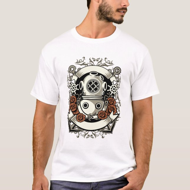 Camiseta Victoria Steampunk Deep Sea Diver Roses Rojos (Anverso)