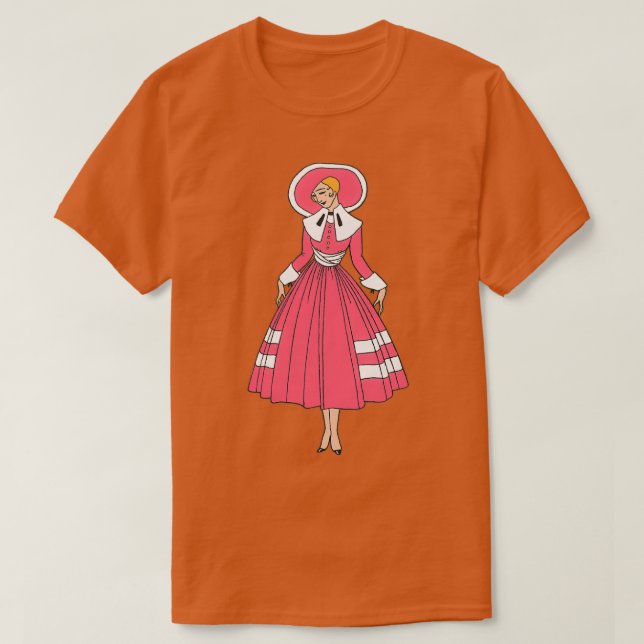 Camiseta victoriana mujer pelirroja rosa y blanca elegante  (Diseño del anverso)