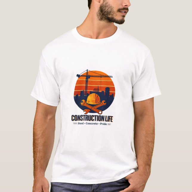 Camiseta Vida de Construcción Acero Hormigón Atardecer Retr (Anverso)