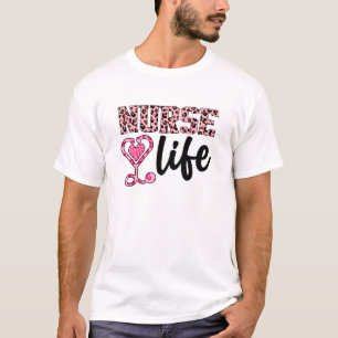 Camiseta Vida de la enfermera - Impresión rosa y leopardo (