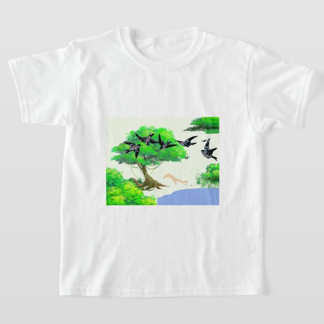 Camiseta Vida de los bosques primaverales con aves y ardill (Distribución)