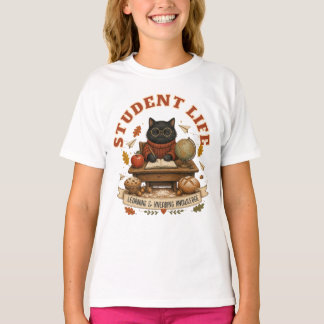 Camiseta Vida Estudiantil Gato Negro Lindo Escritorio Otoño