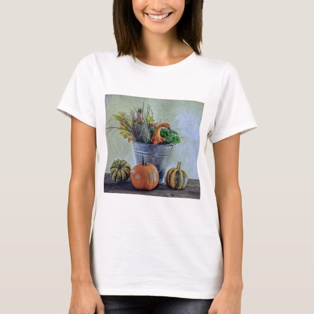Camiseta Vida residual del otoño con calabazas, flores (Anverso)