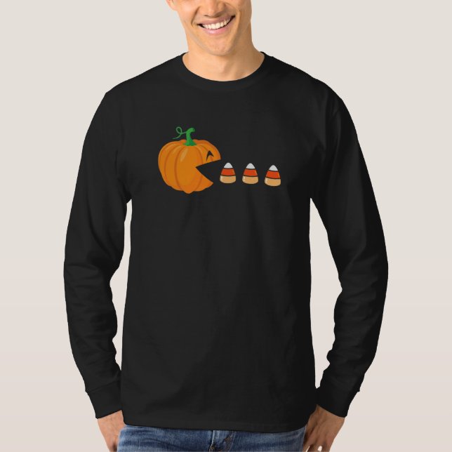 Camiseta Video Game Halloween Cute Pumpkin Eating Candy Cor (Anverso)