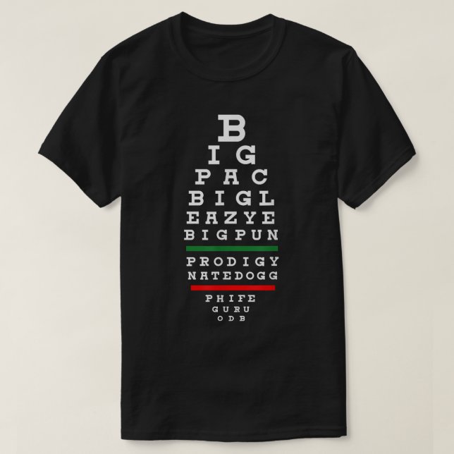 Camiseta Vieja escuela Hip Hop Music Rap Legends Eye Chart  (Diseño del anverso)