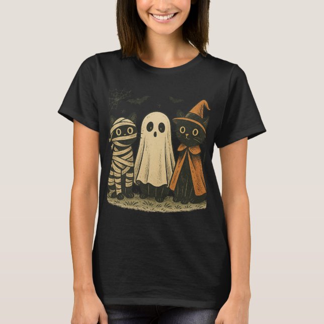 Camiseta Vieja Halloween Black Cat Trio T-Shirt | Cute Mu (Anverso)