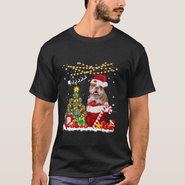 Camiseta Viejo Bulldog Inglés Perro Árbol de Navidad Luces  (Anverso)