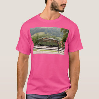 Camiseta viejo vagón de ferrocarril en los rieles