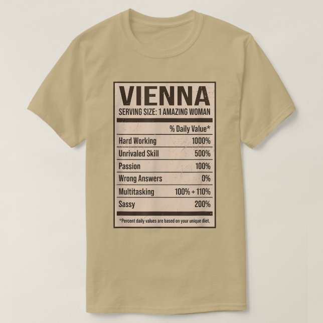 Camiseta Vienna Nutrition Facts Name Nickname Alias Title F (Diseño del anverso)