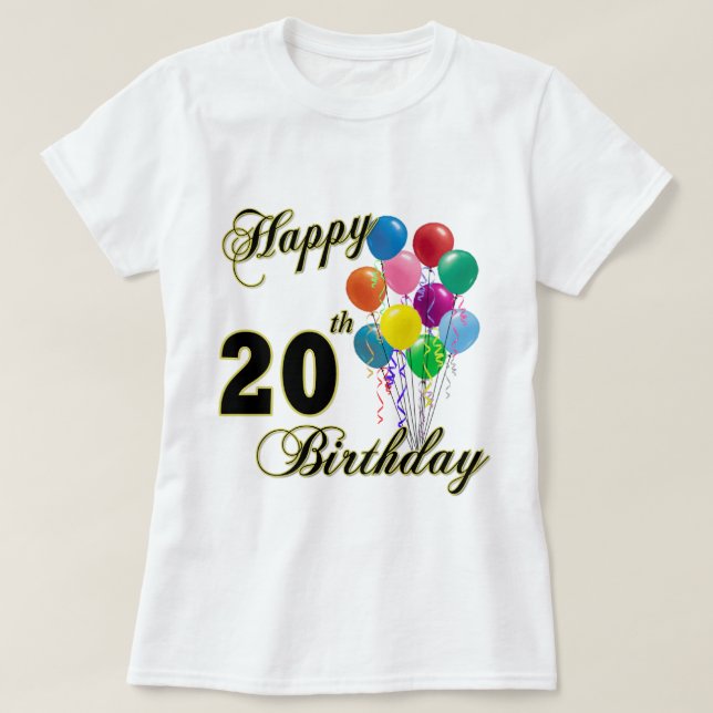 Camiseta Vigésimo cumpleaños feliz con los globos (Diseño del anverso)