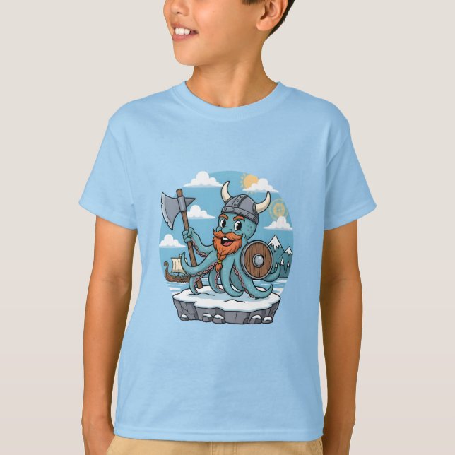 Camiseta Viking Octopus Cartoon Funny Boys | Girls Skyblue (Anverso)