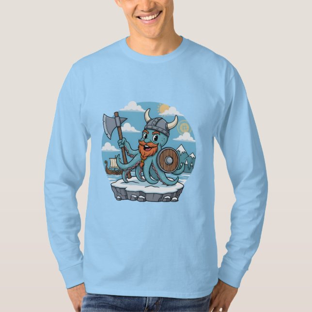 Camiseta Viking Octopus Cartoon Funny Womens | Mens Skyblue (Anverso)