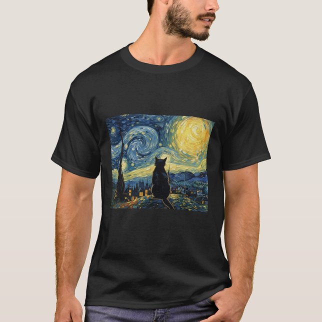 Camiseta Vincent Van Gogh Inspired Starry Night Kitten Silh (Anverso)