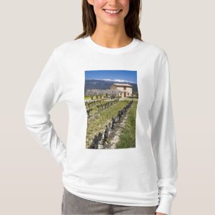 Camiseta Viñedo inactivo, flores de frutas, casa de piedra,
