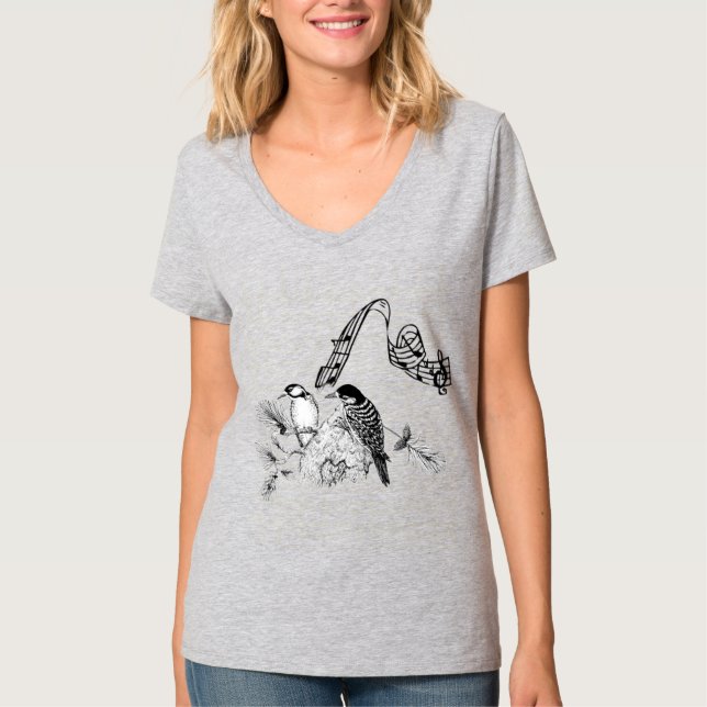 Camiseta Viñeta de Carpintero Rústico País Amor Aves (Anverso)