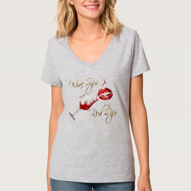 Camiseta Vino y diseño de moda en los labios rojos (Anverso)