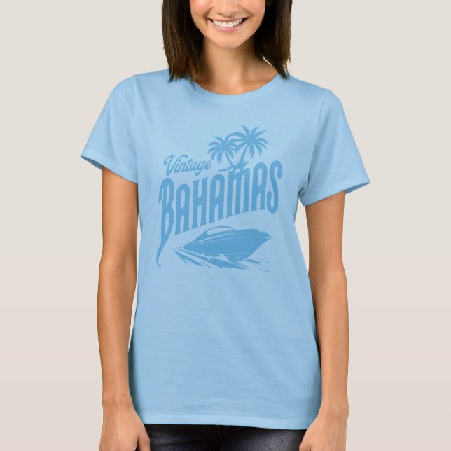 Camiseta Vintage Bahamas Blue Palm Trees & Speedboat Design (Anverso)