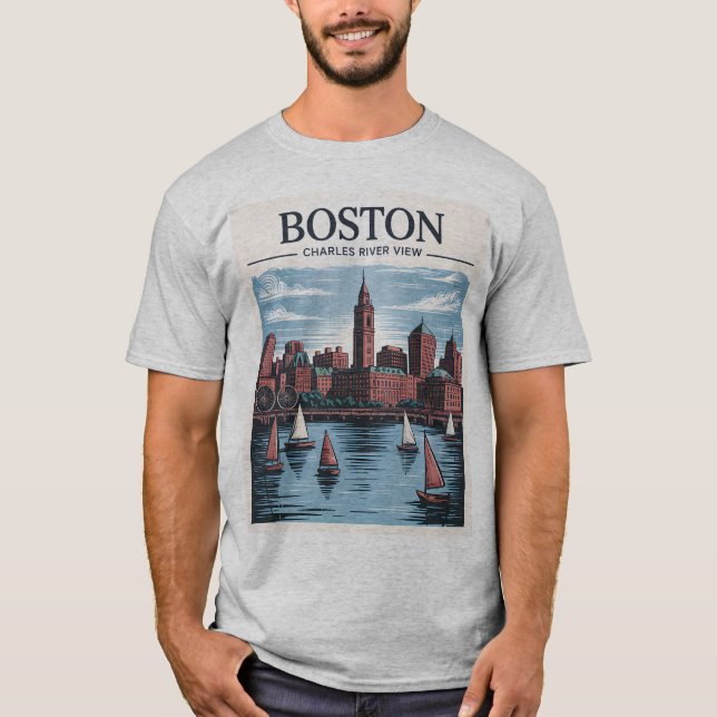 Camiseta Vintage Boston Massachusetts Cityscape & Sailboat (Anverso)