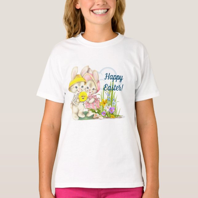 Camiseta Vintage Bunnies & Flowes Feliz Pascua (Anverso)