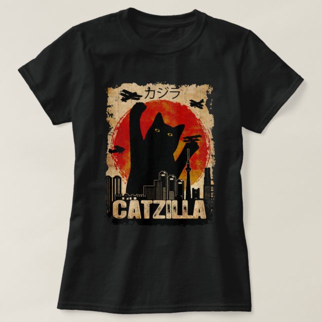 Camiseta Vintage Catzilla Gracioso Gato Negro (Diseño del anverso)