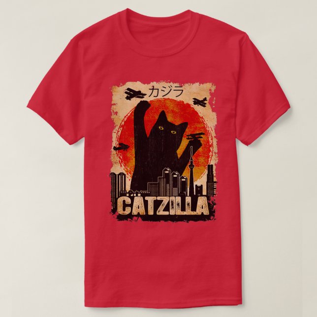 Camiseta Vintage Catzilla Gracioso Gato Negro (Diseño del anverso)