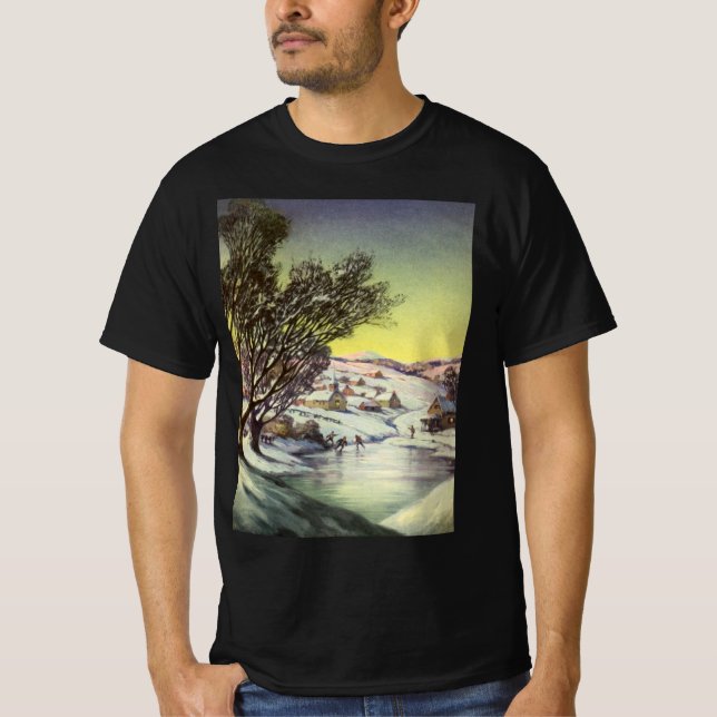 Camiseta Vintage Christmas, Frozen Lake with Ice Skaters (Anverso)