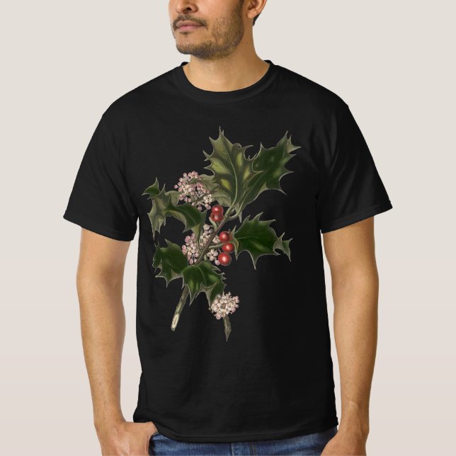 Camiseta Vintage Christmas, Green Holly Planta con Berries (Anverso)