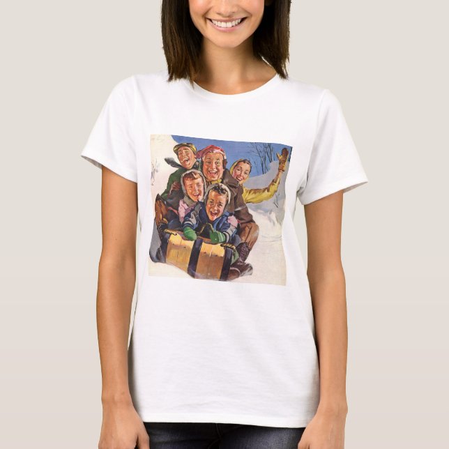 Camiseta Vintage Christmas, Happy Family Toboggan Sledding (Anverso)