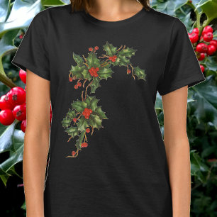 Camiseta Vintage Christmas, Holly Plant with Red Berries