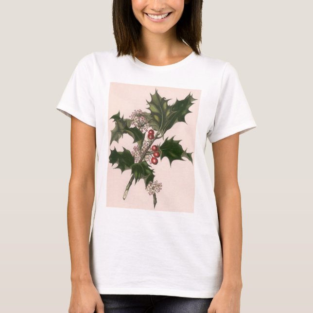 Camiseta Vintage Christmas, Holly Plant with Red Berries (Anverso)