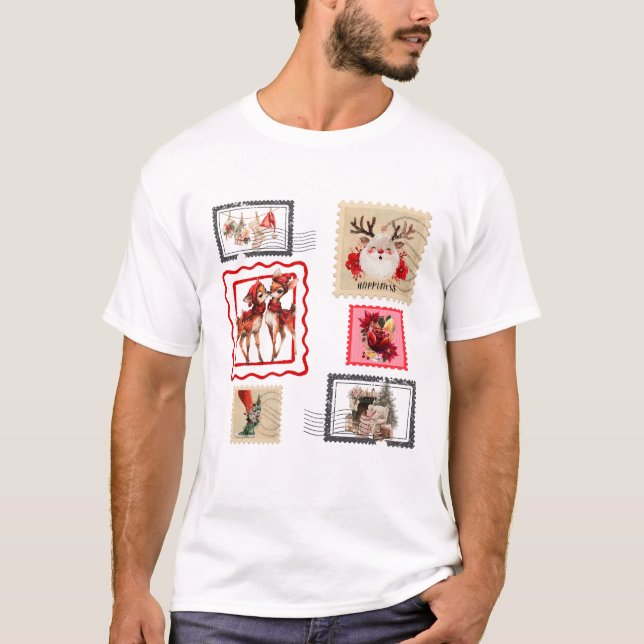 Camiseta Vintage Christmas Postage Stamp Collage Design (Anverso)