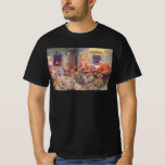 Camiseta Vintage Christmas, Santa Claus con Elves Workshop<br><div class="desc">Ilustracion de la Vintage. Imagen de feriado de Navidad con Jolly San Nicolás y sus elfos ocupados construyendo juguetes, muñecas, caballos mecedores, etc. en el taller de Santa en el Polo Norte en la Víspera de los Navidades. Santa Claus está revisando su lista traviesa o buena una vez más para...</div>