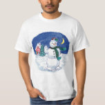 Camiseta Vintage Christmas Snowman Waving<br><div class="desc">Imagen de vacaciones de Navidades de ilustracion de época que muestra a un muñeco de nieve por la noche.</div>