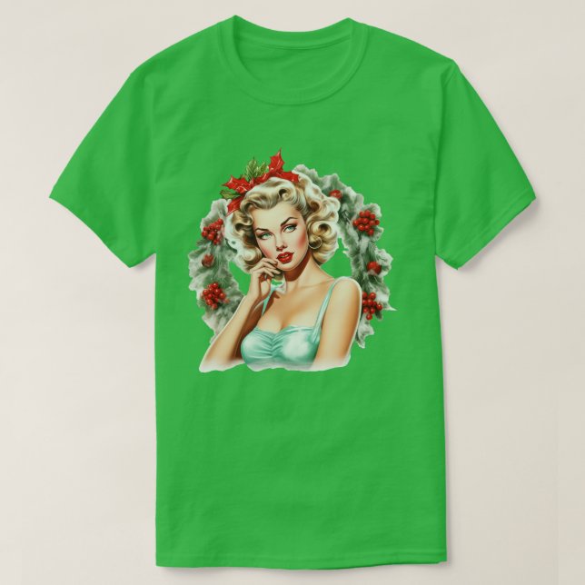 Camiseta Vintage Christmas Wreath Blonde Pinup (Diseño del anverso)