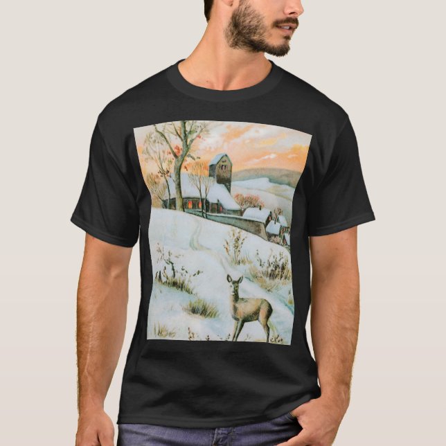 Camiseta Vintage de invierno de nieve con ciervo (Anverso)