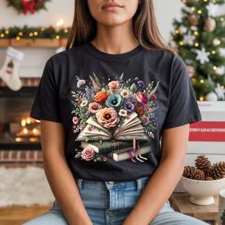 Camiseta Vintage Floral Book Stack Illustration T-Shirt