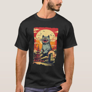 Camiseta Vintage gracioso cute Catzilla Cat Art Japonés Sun