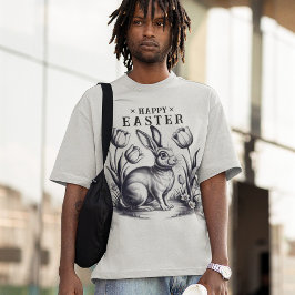 Camiseta Vintage Happy Easter Bunny con Tulips Retro Ink